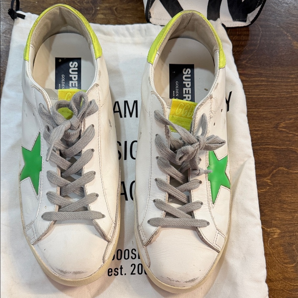 Golden Goose White Leather Sneakers with Green Star and Neon Yellow Accents